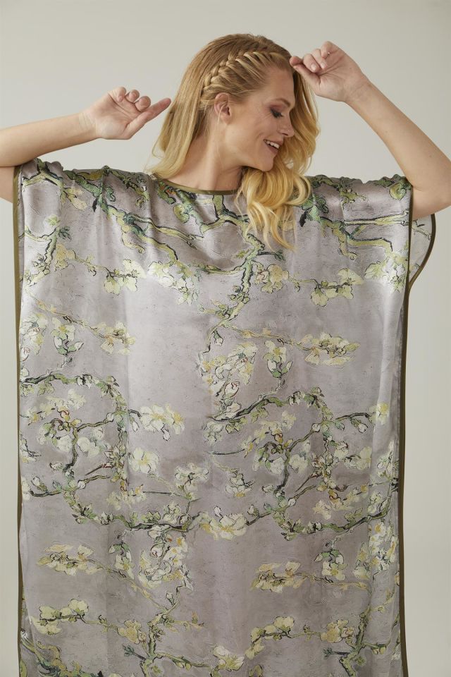 Gray Van Gogh Almond Blossoms Silk Dress
