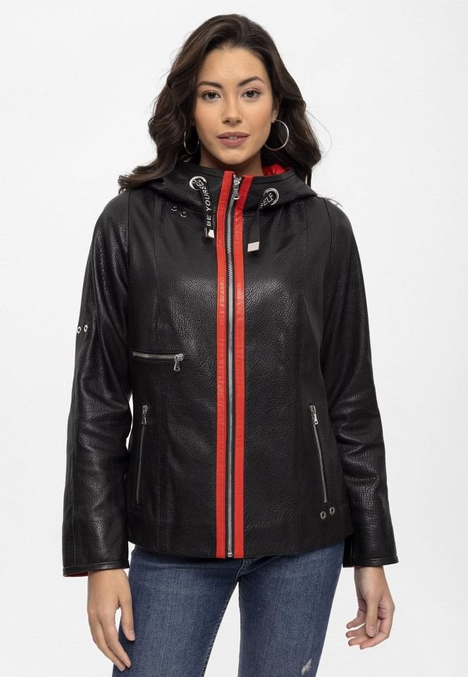 Black Marc Hooded Woman Genuine Leather Jacket
