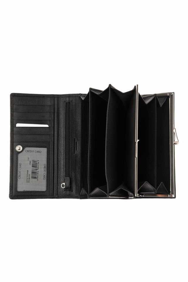 Black Snap Detailed Woman Genuine Leather Wallet