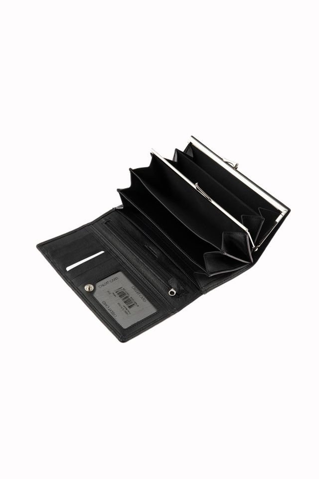 Black Snap Detailed Woman Genuine Leather Wallet