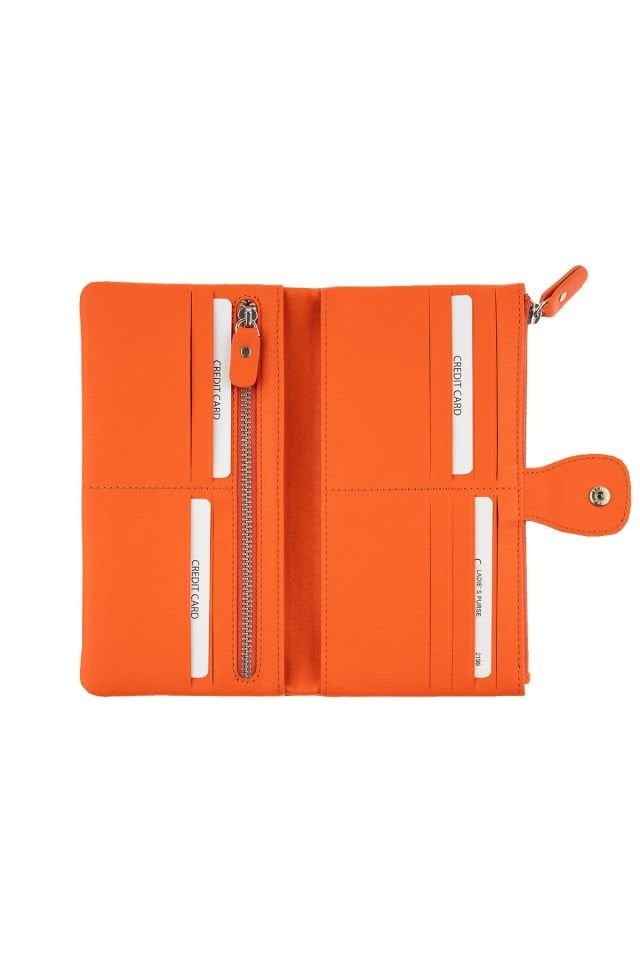 Orange Snap Detailed Woman Genuine Leather Wallet
