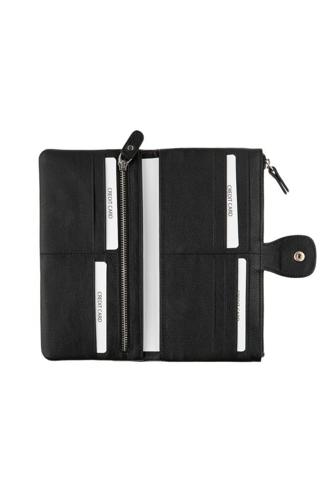 Black Zipper Detailed Woman Genuine Leather Wallet