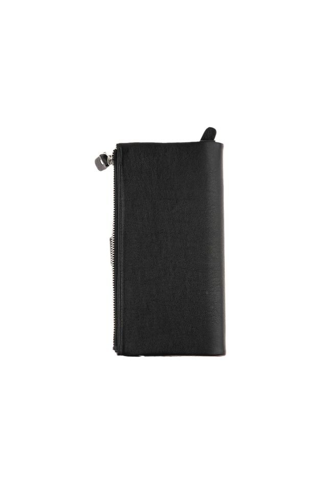 Black Zipper Detailed Woman Genuine Leather Wallet