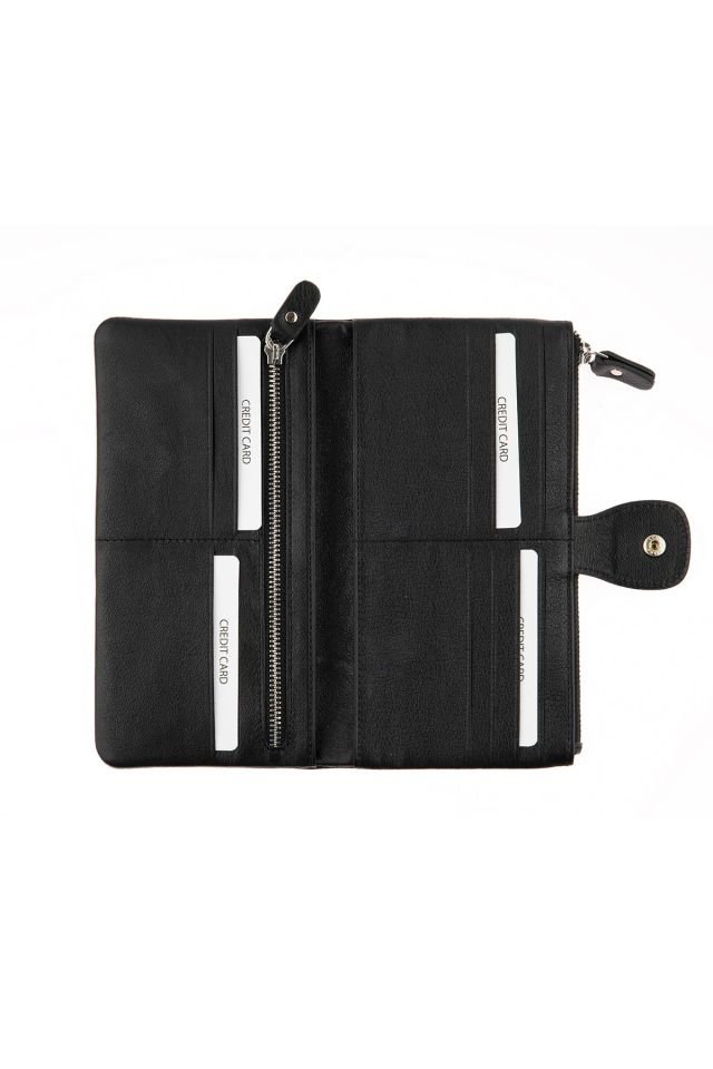 Black Zipper Detailed Woman Genuine Leather Wallet