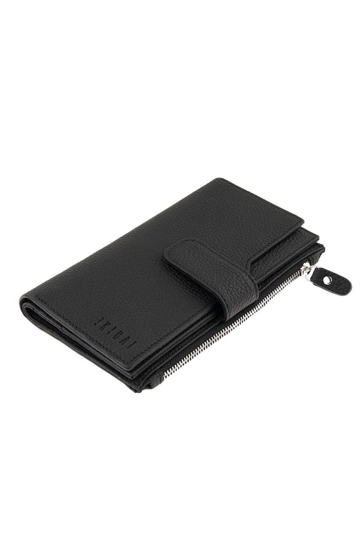 Black Zipper Detailed Woman Genuine Leather Wallet