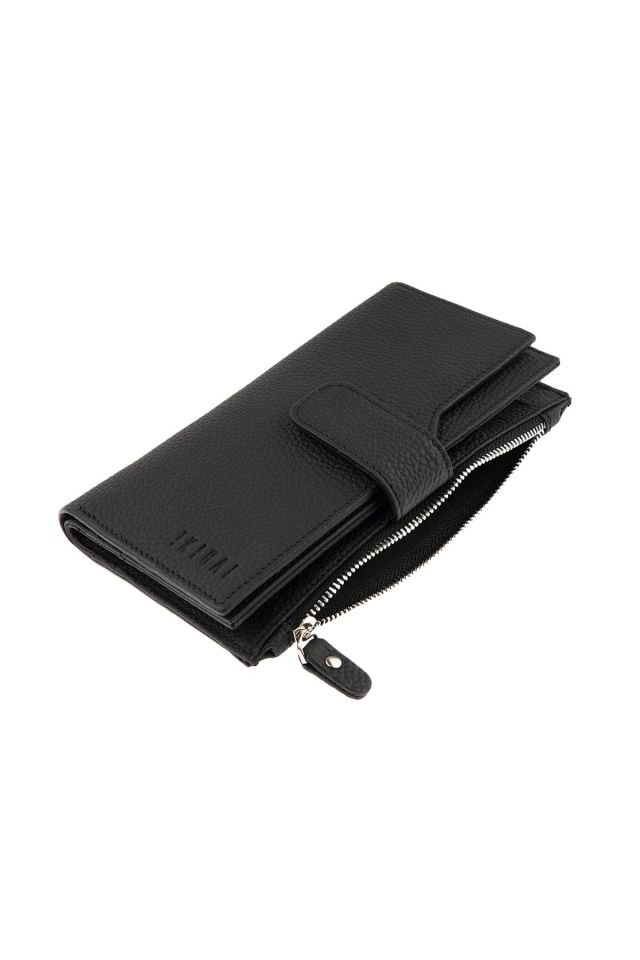 Black Zipper Detailed Woman Genuine Leather Wallet