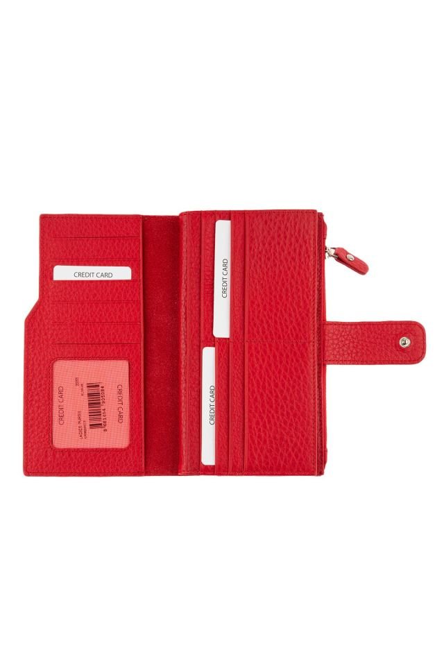 Red Zipper Detailed Woman Genuine Leather Wallet