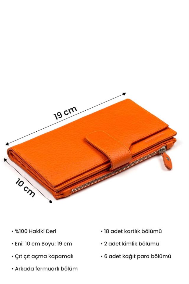 Orange Zipper Detailed Woman Genuine Leather Wallet
