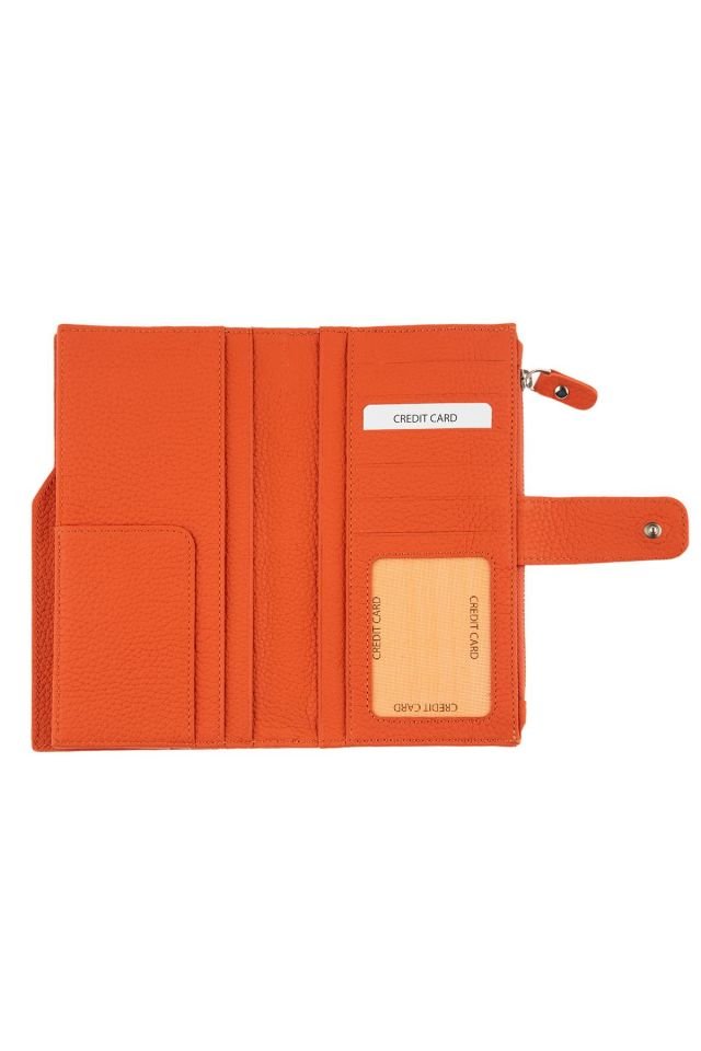 Orange Zipper Detailed Woman Genuine Leather Wallet
