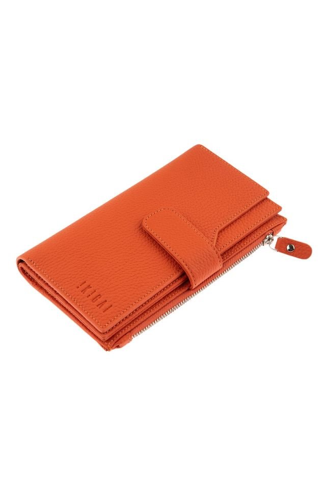 Orange Zipper Detailed Woman Genuine Leather Wallet