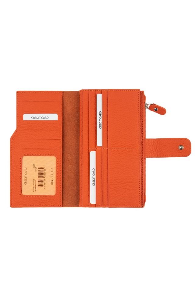Orange Zipper Detailed Woman Genuine Leather Wallet