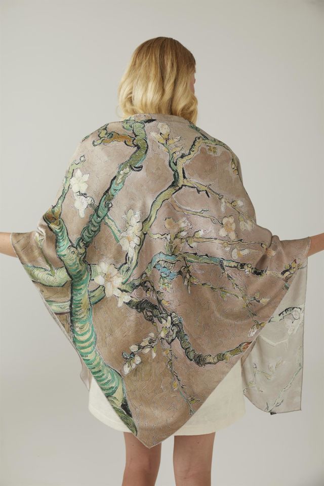 Beige Van Gogh Almond Blossoms Silk Shawl