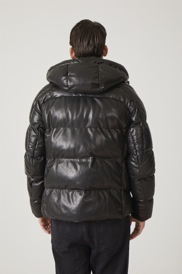 Olaf Black Man Puffed Genuine Leather Jacket